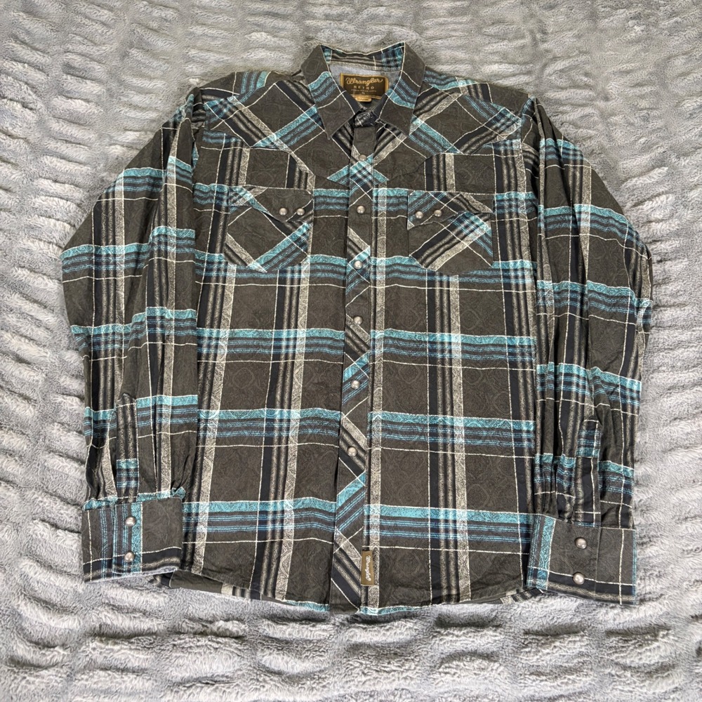 Wrangler Retro Mens XL Plaid Paisley Western Pearl Snap Shirt Black Blue MVR270M